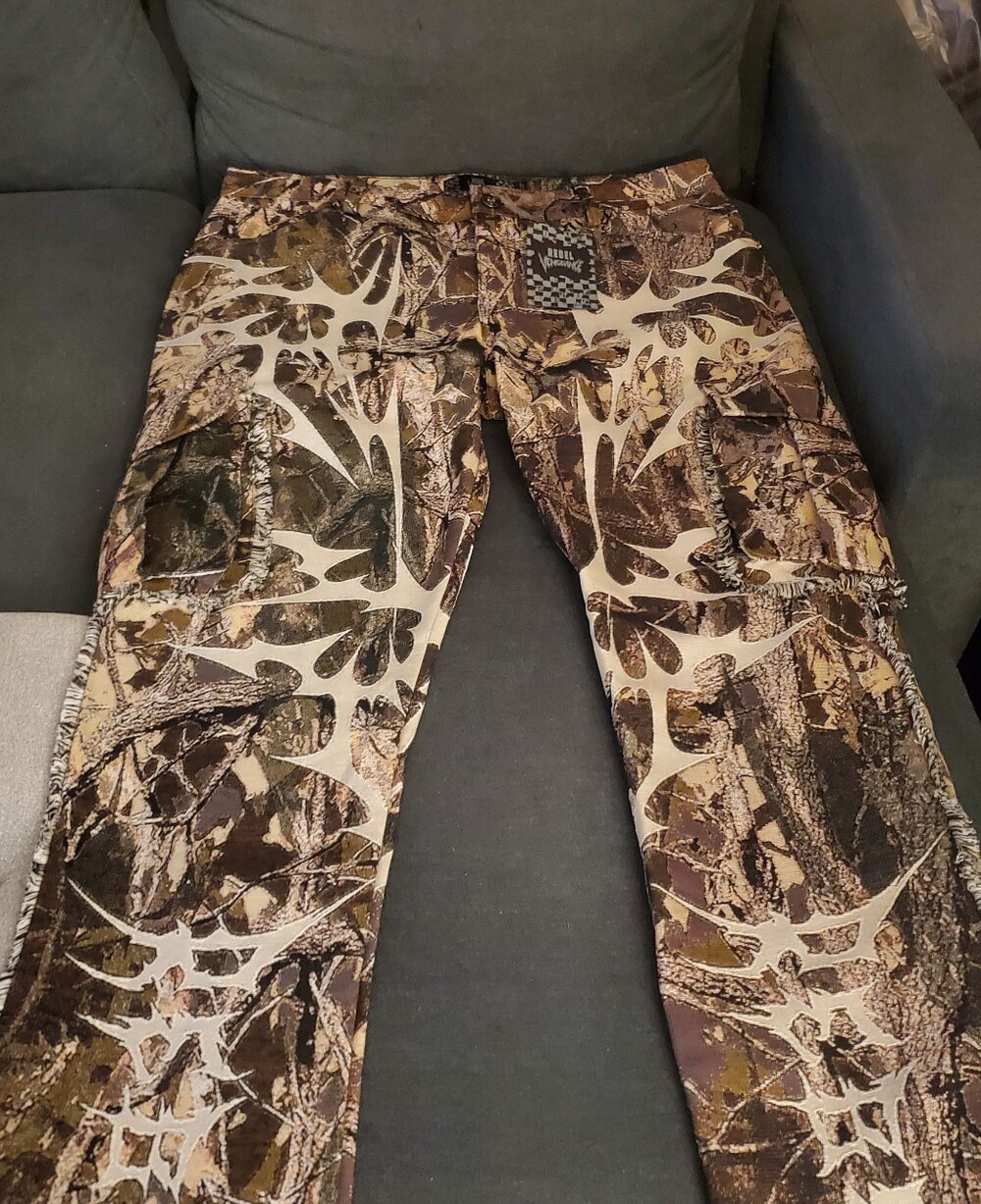 REBEL VENGEANCE Men's Camo Cargo Pants - Brown/Tan With Fringe Detail